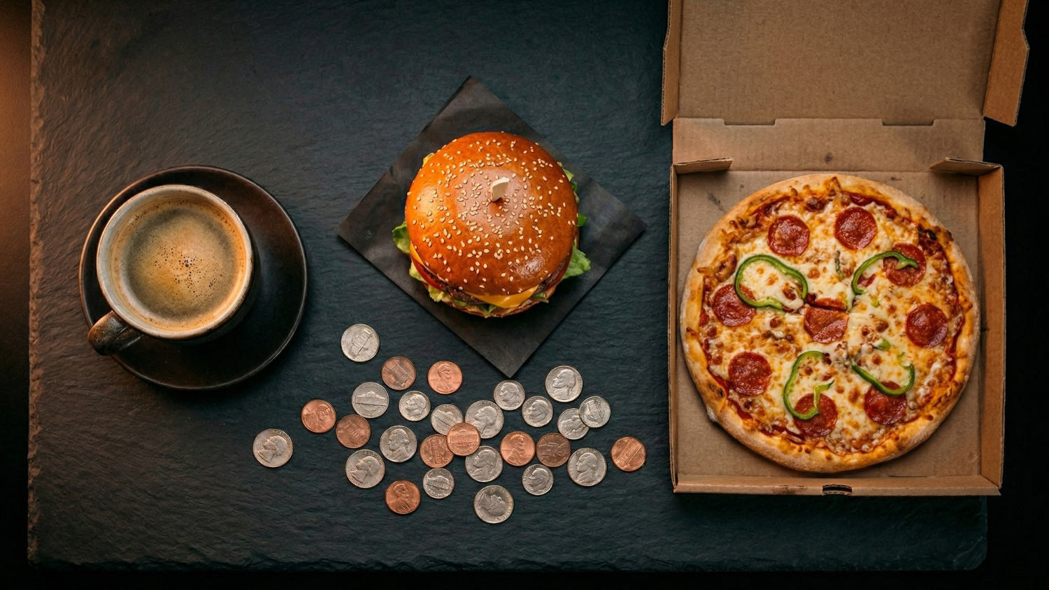 Coffee, burger, pizza, and pocket change on dark surface
